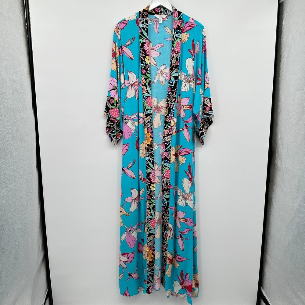 XIX‎ Palms Maxi Kimono Duster Cover Up Size S M Open Floral Long Coastal Cruise